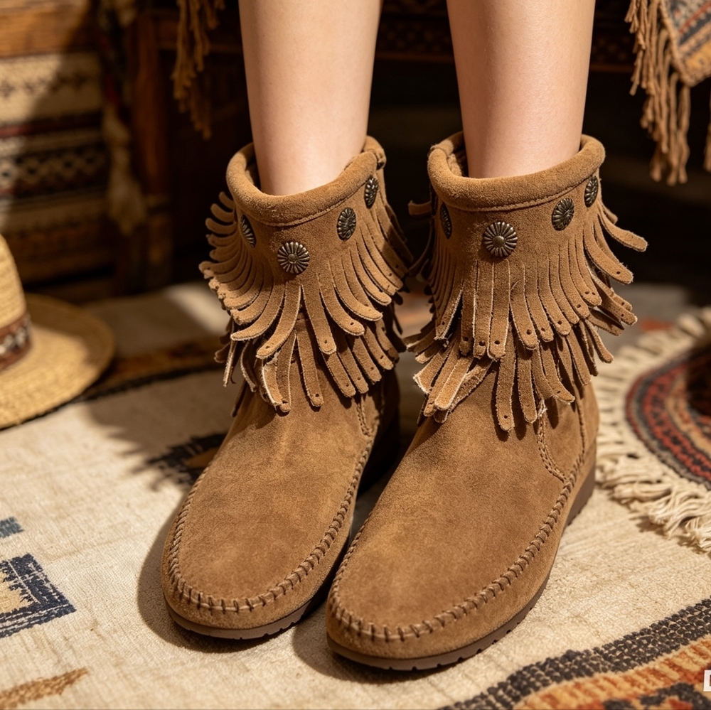 Minnetonka Tan Suede Fringe Moccasin Boots Size 7 Boho Ankle Boots Comfort